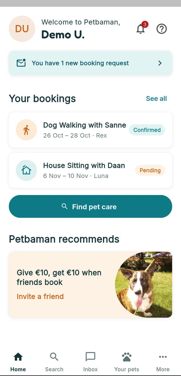 Petbaman app home screen with upcoming bookings