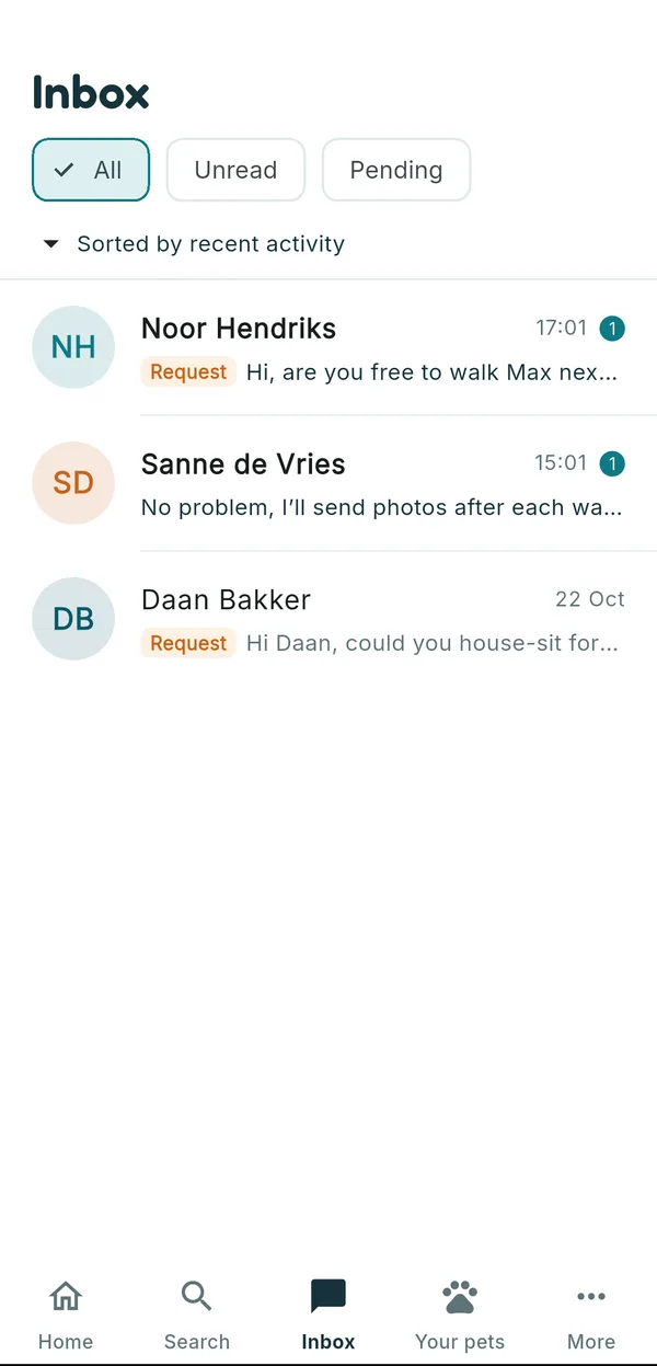 Inbox with conversations and booking requests