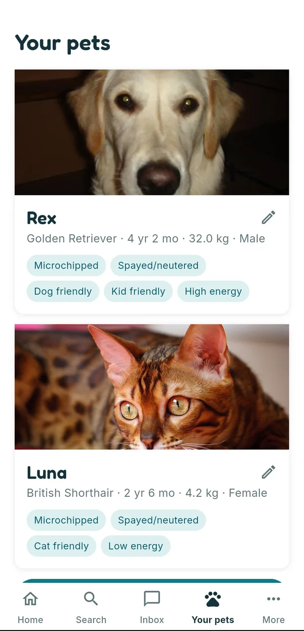 Pet profiles with care details