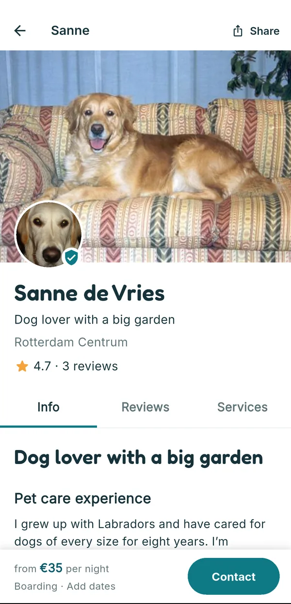 A sitter's profile with photos, experience and reviews