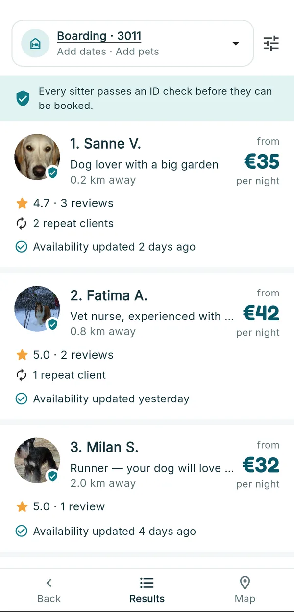 Search results with verified sitters, ratings and prices